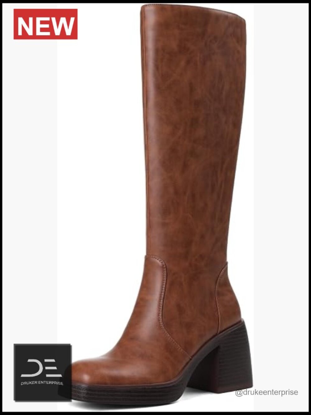 Faux Leather Platform Chunky Square Toe Knee High Boots with Side Zipper